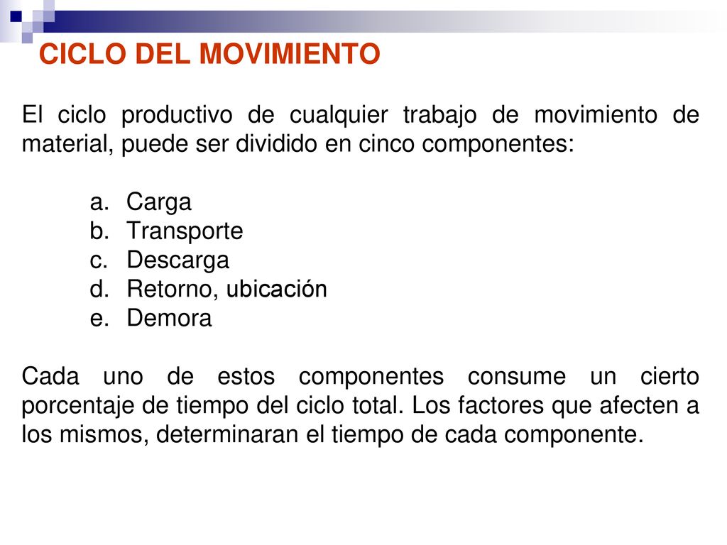 CICLO DEL MOVIMIENTO El ciclo productivo de cualquier trabajo de movimiento de material, puede ser dividido en cinco componentes: