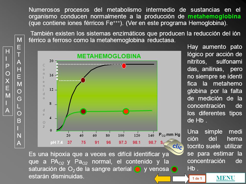 Numerosos procesos del metabolismo intermedio de sustancias en el organismo conducen normalmente a la producción de metahemoglobina (que contiene iones férricos Fe+++). (Ver en este programa Hemoglobina).