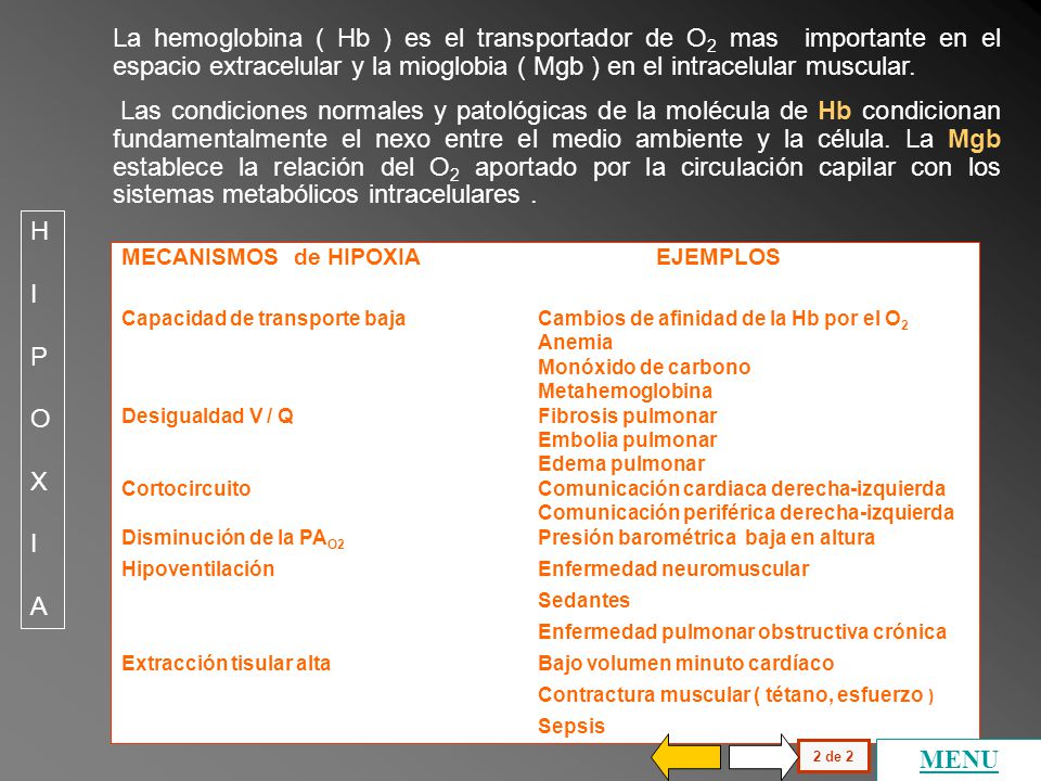 La hemoglobina ( Hb ) es el transportador de O2 mas importante en el espacio extracelular y la mioglobia ( Mgb ) en el intracelular muscular.