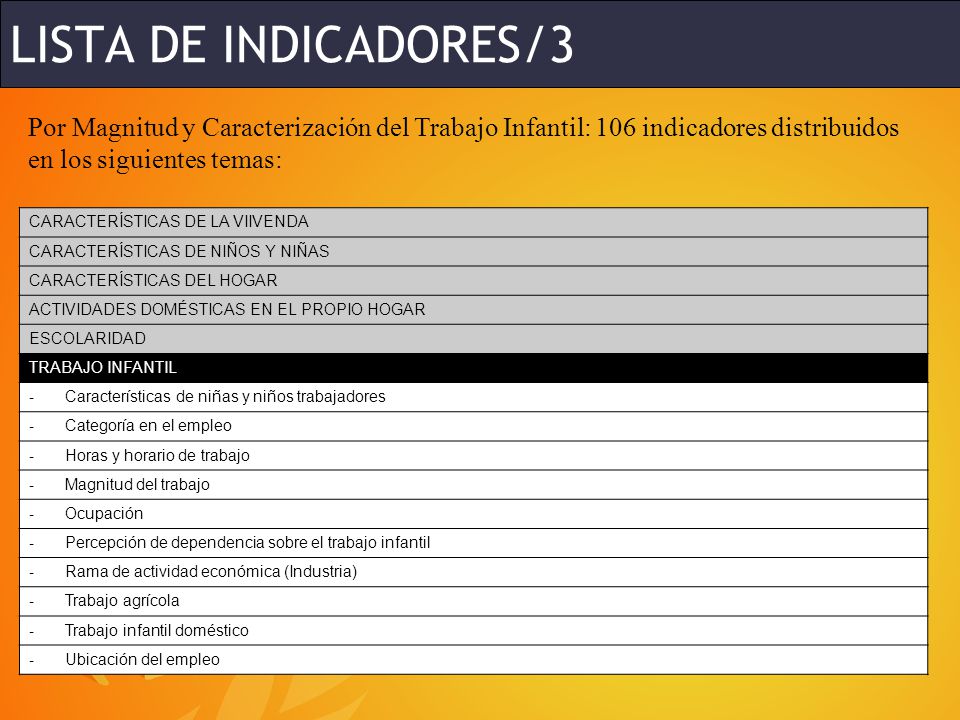 LISTA DE INDICADORES/3 Por Magnitud y Caracterización del Trabajo Infantil: 106 indicadores distribuidos en los siguientes temas: