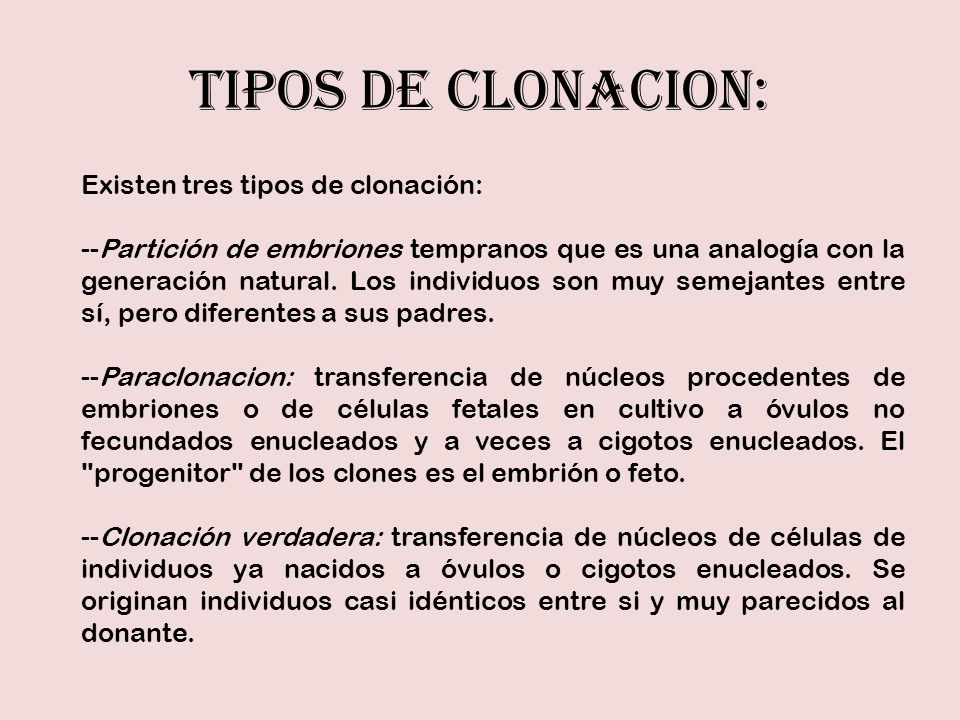 TIPOS DE CLONACION: Existen tres tipos de clonación: