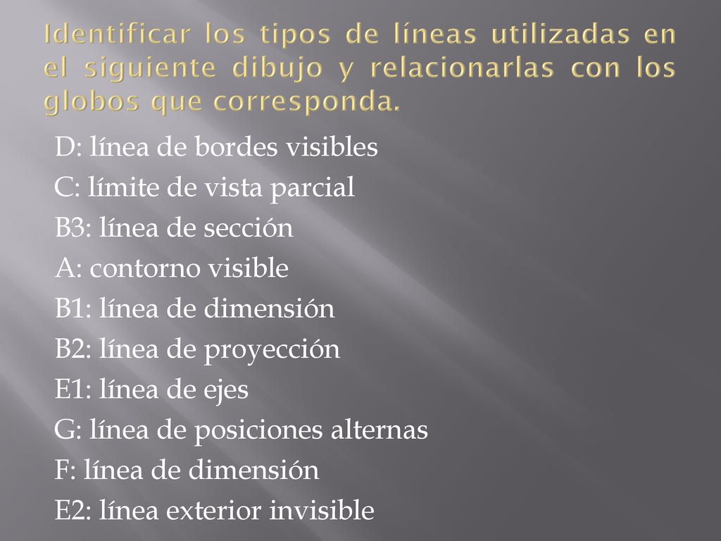 Identificar los tipos de líneas utilizadas en el siguiente dibujo y relacionarlas con los globos que corresponda.