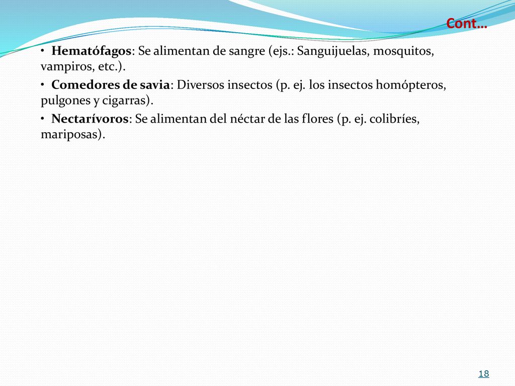Cont… • Hematófagos: Se alimentan de sangre (ejs.: Sanguijuelas, mosquitos, vampiros, etc.).