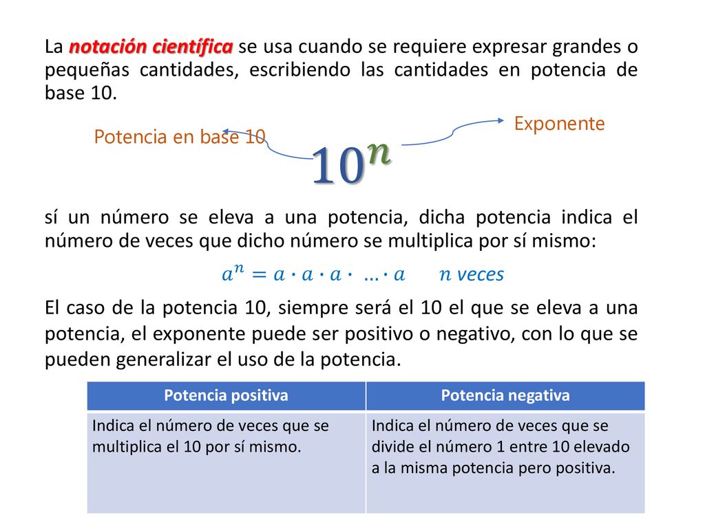 La notación científica se usa cuando se requiere expresar grandes o pequeñas cantidades, escribiendo las cantidades en potencia de base 10.