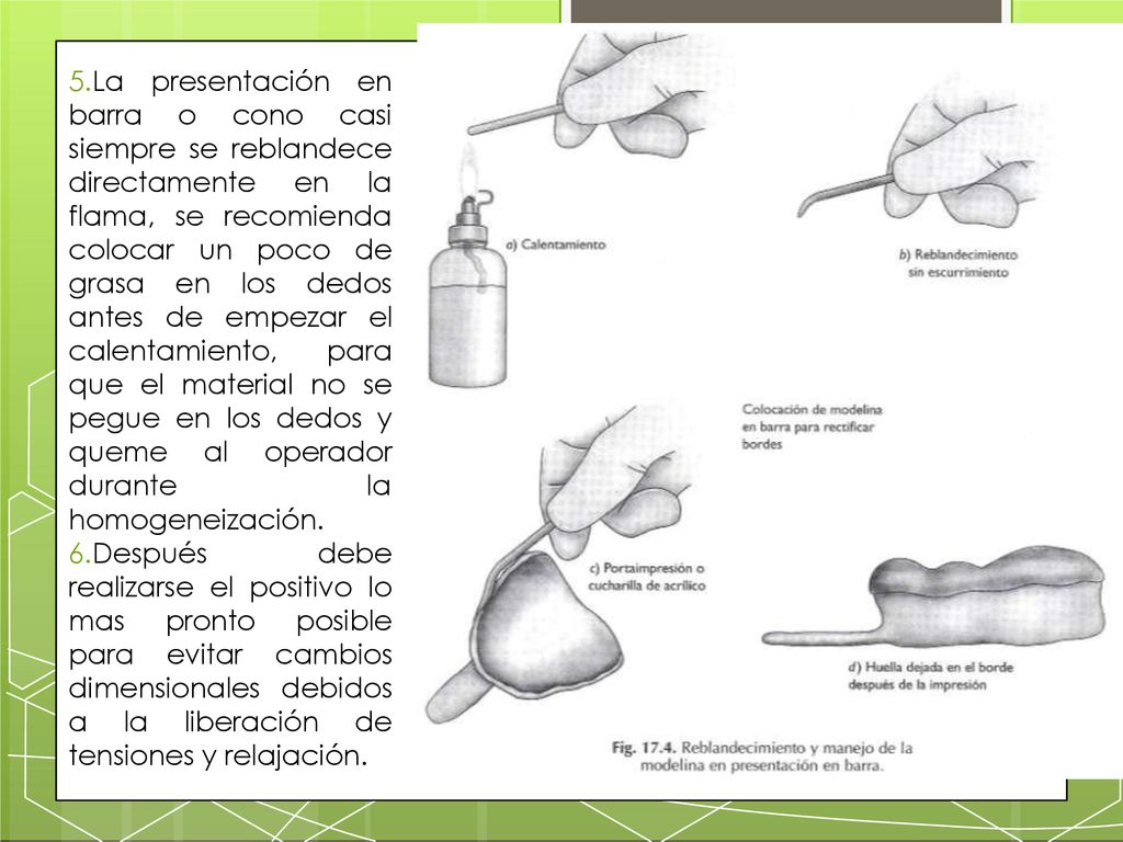 La presentación en barra o cono casi siempre se reblandece directamente en la flama, se recomienda colocar un poco de grasa en los dedos antes de empezar el calentamiento, para que el material no se pegue en los dedos y queme al operador durante la