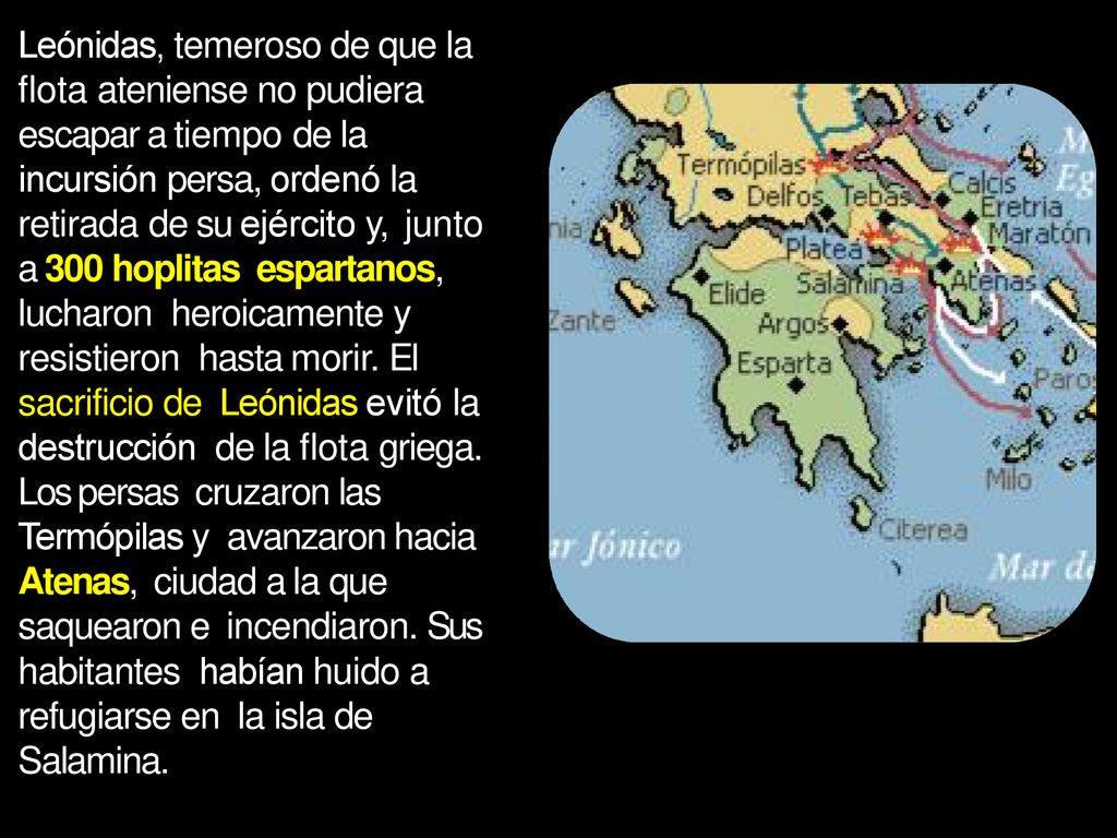 Leónidas, temeroso de que la flota ateniense no pudiera escapar a tiempo de la incursión persa, ordenó la retirada de su ejército y, junto a 300 hoplitas espartanos, lucharon heroicamente y resistieron hasta morir.