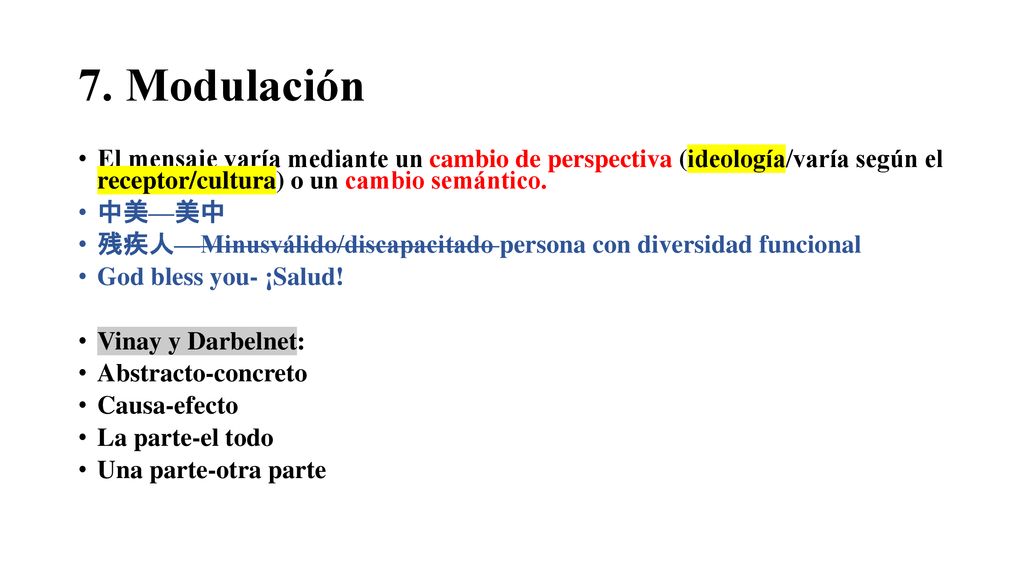 7. Modulación El mensaje varía mediante un cambio de perspectiva (ideología/varía según el receptor/cultura) o un cambio semántico.