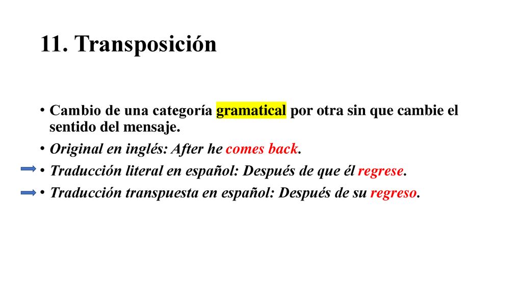 11. Transposición Cambio de una categoría gramatical por otra sin que cambie el sentido del mensaje.