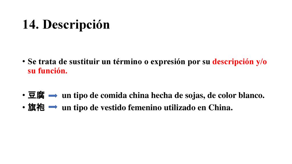 14. Descripción Se trata de sustituir un término o expresión por su descripción y/o su función.