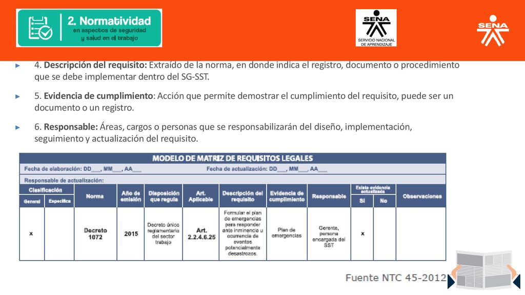 ▶ 4. Descripción del requisito: Extraído de la norma, en donde indica el registro, documento o procedimiento que se debe implementar dentro del SG-SST.