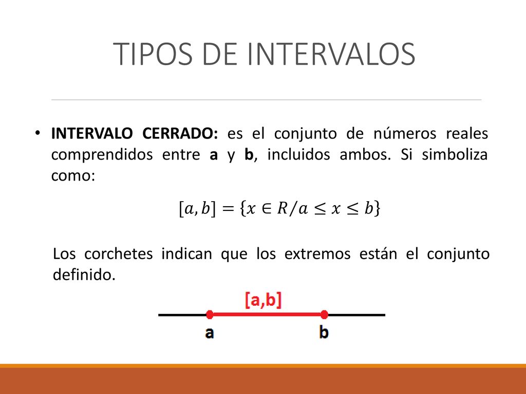 TIPOS DE INTERVALOS INTERVALO CERRADO: es el conjunto de números reales comprendidos entre a y b, incluidos ambos. Si simboliza como: