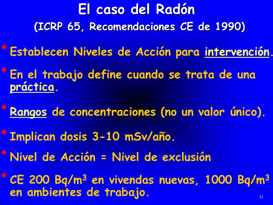 El caso del Radón (ICRP 65, Recomendaciones CE de 1990)