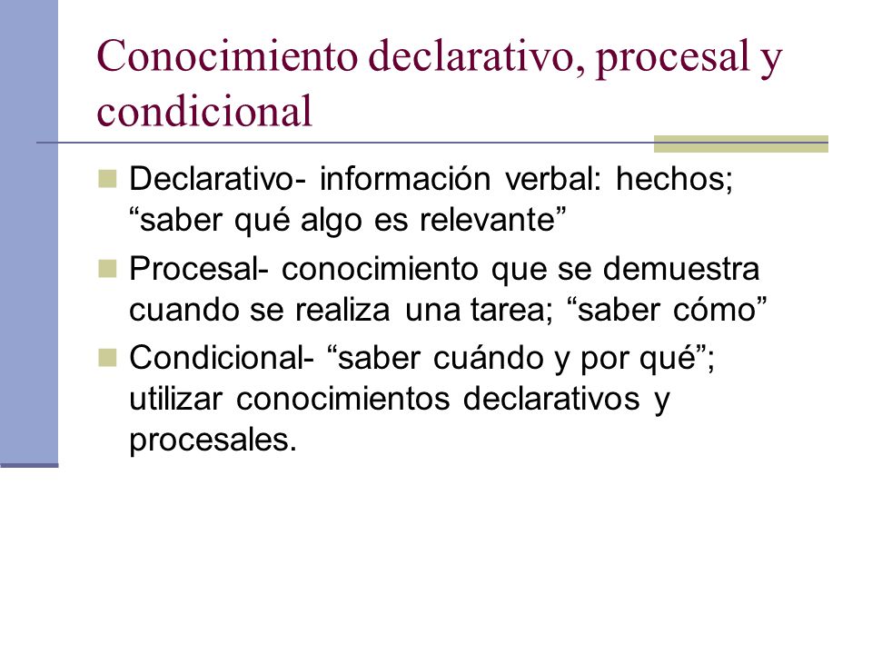 Conocimiento declarativo, procesal y condicional