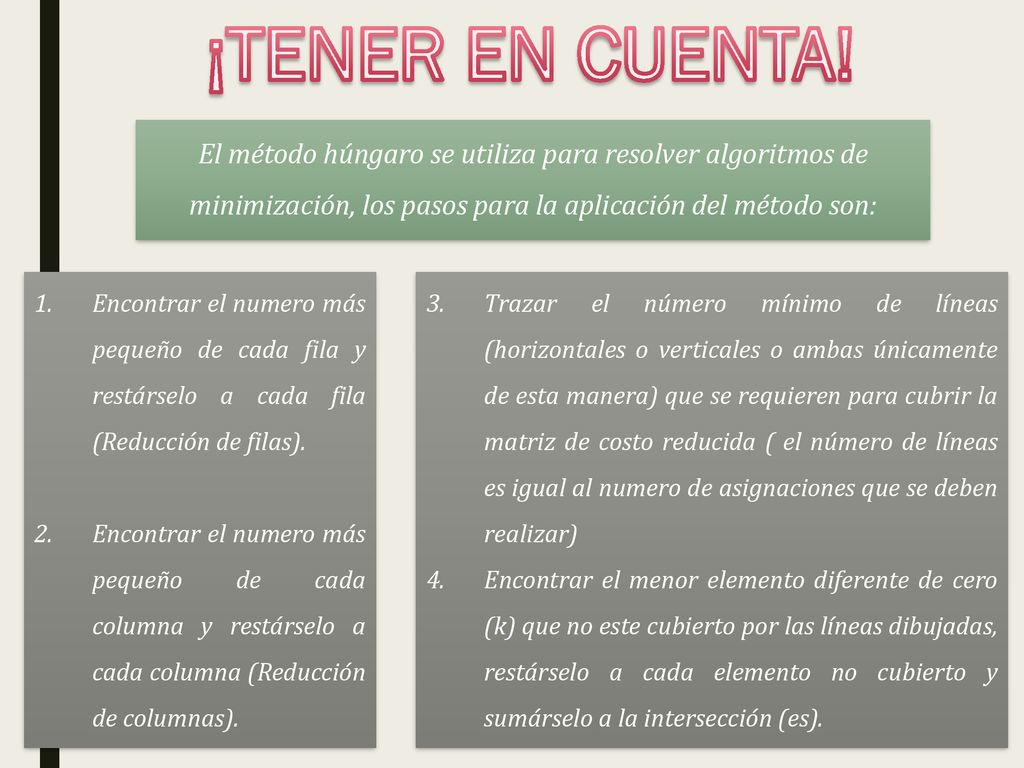 ¡TENER EN CUENTA! El método húngaro se utiliza para resolver algoritmos de minimización, los pasos para la aplicación del método son:
