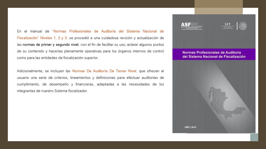 En el manual de Normas Profesionales de Auditoría del Sistema Nacional de Fiscalización Niveles 1, 2 y 3, se procedió a una cuidadosa revisión y actualización de las normas de primer y segundo nivel, con el fin de facilitar su uso, aclarar algunos puntos de su contenido y hacerlas plenamente operativas para los órganos internos de control como para las entidades de fiscalización superior.