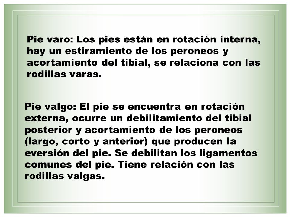 Pie varo: Los pies están en rotación interna, hay un estiramiento de los peroneos y acortamiento del tibial, se relaciona con las rodillas varas.