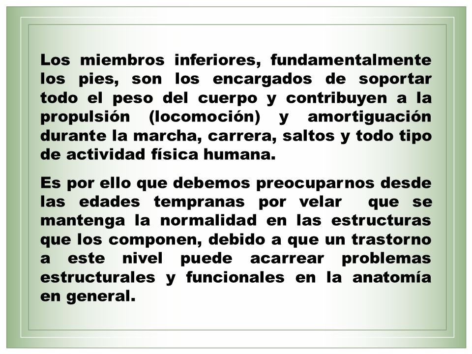 Los miembros inferiores, fundamentalmente los pies, son los encargados de soportar todo el peso del cuerpo y contribuyen a la propulsión (locomoción) y amortiguación durante la marcha, carrera, saltos y todo tipo de actividad física humana.