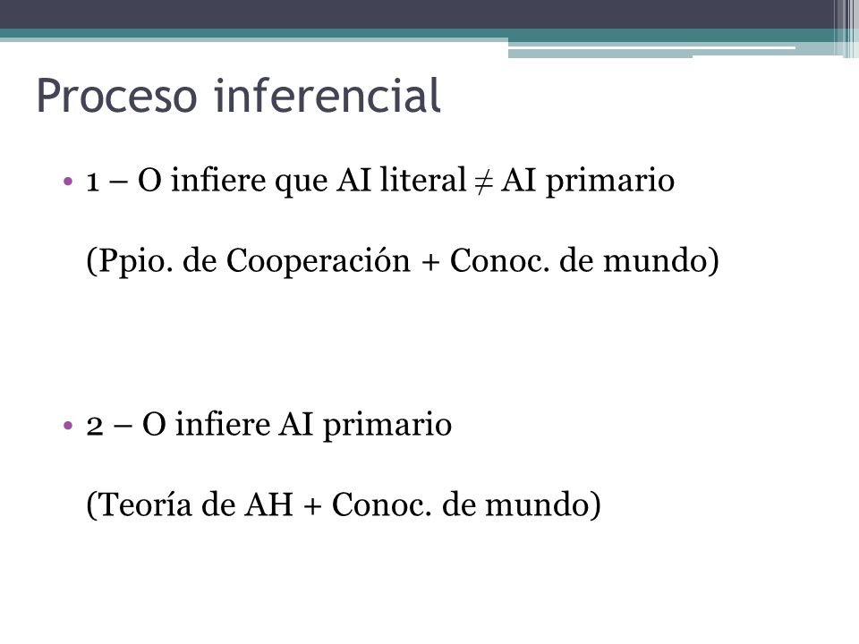 Proceso inferencial 1 – O infiere que AI literal ≠ AI primario (Ppio. de Cooperación + Conoc. de mundo)