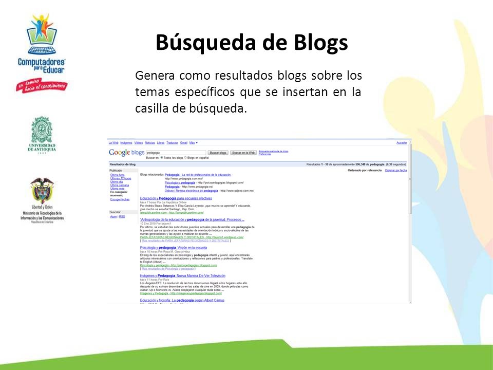 Búsqueda de Blogs Genera como resultados blogs sobre los temas específicos que se insertan en la casilla de búsqueda.