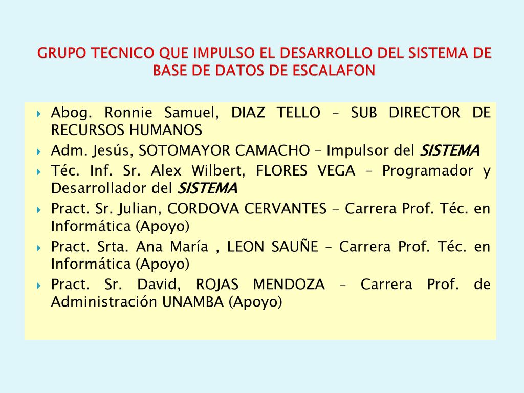 GRUPO TECNICO QUE IMPULSO EL DESARROLLO DEL SISTEMA DE BASE DE DATOS DE ESCALAFON