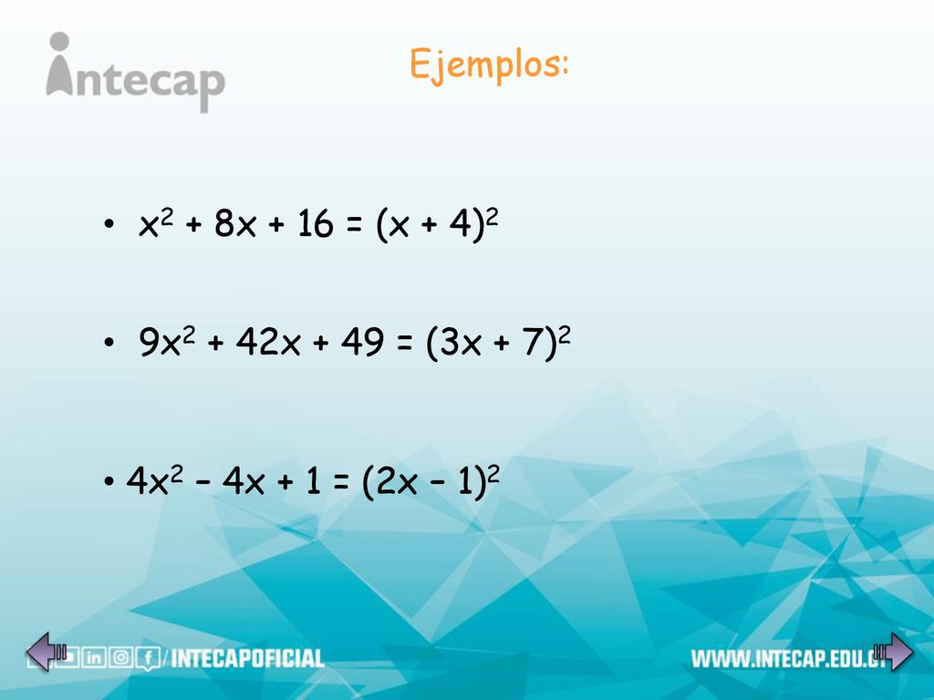 Ejemplos: x2 + 8x + 16 = (x + 4)2 9x2 + 42x + 49 = (3x + 7)2 4x2 – 4x + 1 = (2x – 1)2