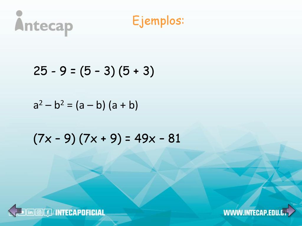 Ejemplos: = (5 – 3) (5 + 3) a2 – b2 = (a – b) (a + b) (7x – 9) (7x + 9) = 49x – 81