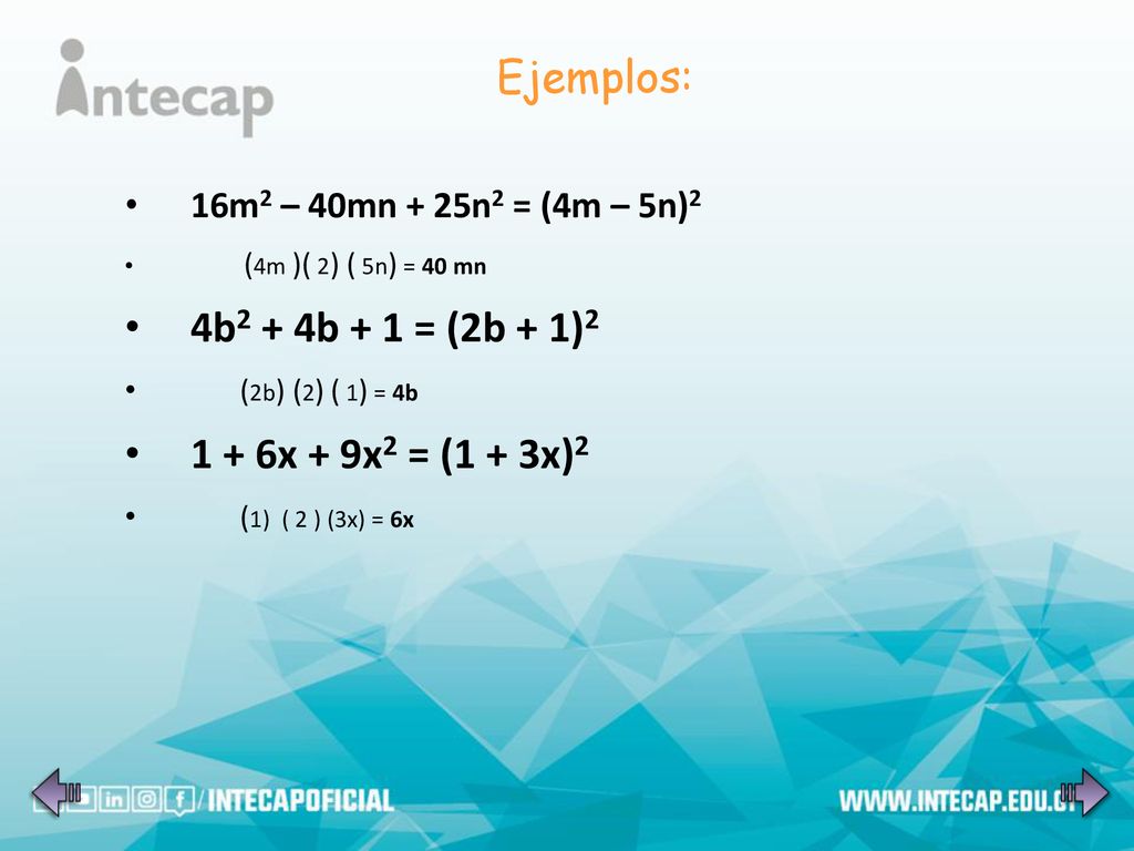 Ejemplos: 4b2 + 4b + 1 = (2b + 1) x + 9x2 = (1 + 3x)2