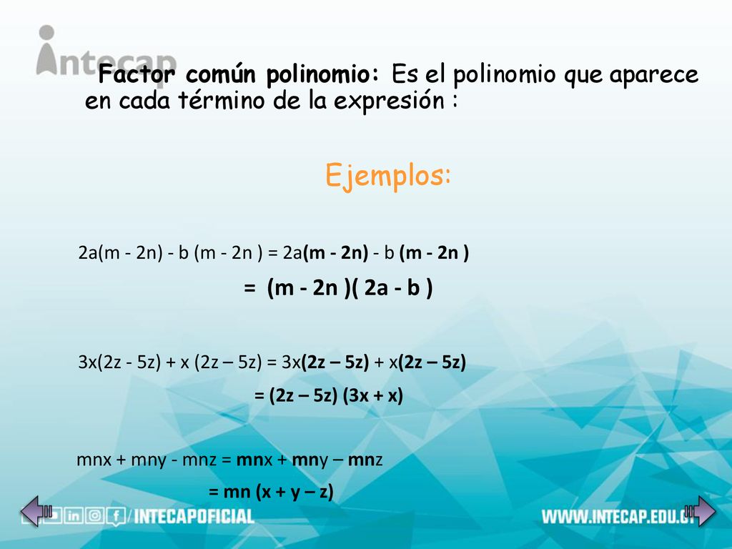 Factor común polinomio: Es el polinomio que aparece en cada término de la expresión :