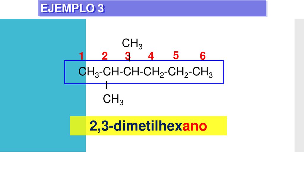 2,3-dimetilhexano EJEMPLO 3 CH3 CH3-CH-CH-CH2-CH2-CH3 I CH I 4 6