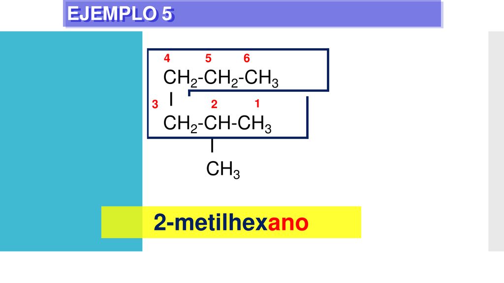 EJEMPLO CH2-CH2-CH3 3 I 2 1 CH2-CH-CH3 I CH3 2-metilhexano