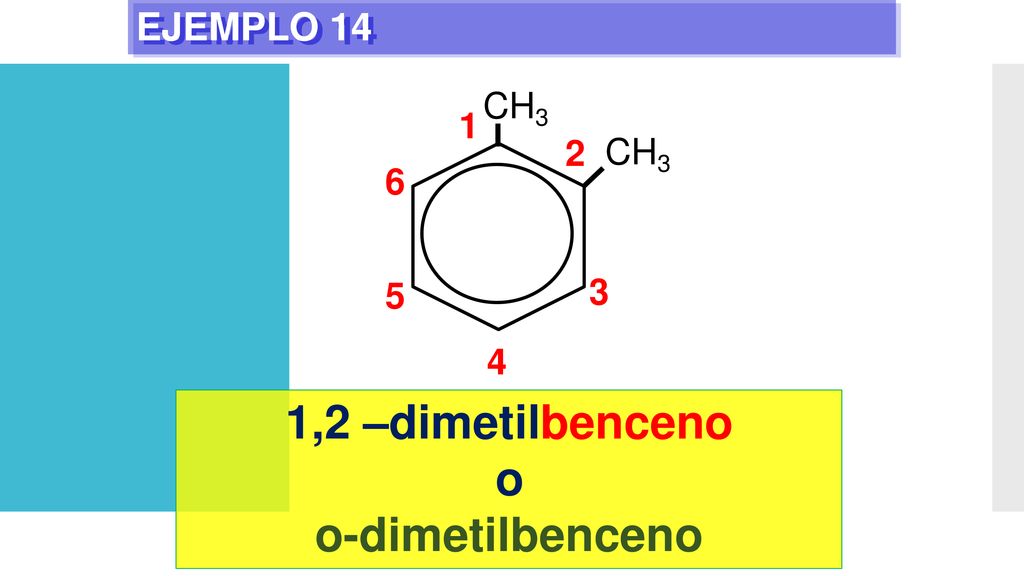 EJEMPLO 14 1 CH3 2 CH ,2 –dimetilbenceno o o-dimetilbenceno