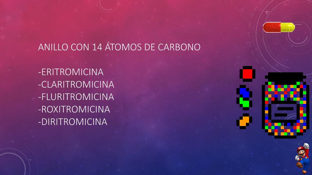 Anillo con 14 átomos de carbono -Eritromicina -Claritromicina -Fluritromicina -Roxitromicina -Diritromicina