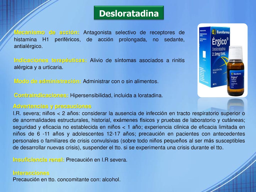 Desloratadina Mecanismo de acción: Antagonista selectivo de receptores de histamina H1 periféricos, de acción prolongada, no sedante, antialérgico.