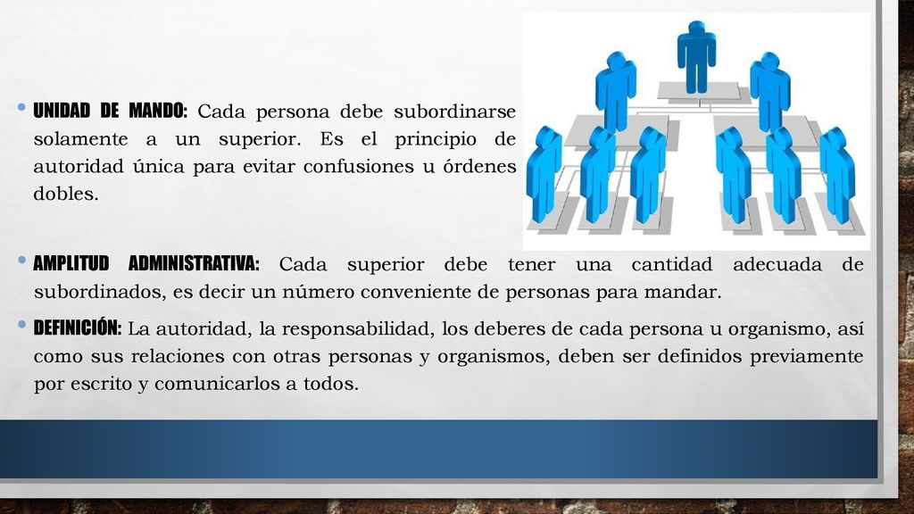 Unidad de mando: Cada persona debe subordinarse solamente a un superior. Es el principio de autoridad única para evitar confusiones u órdenes dobles.