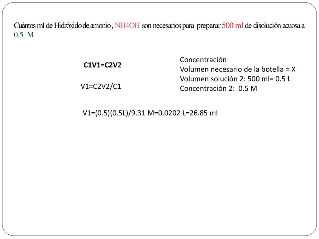 Cuántos ml de Hidróxido de amonio , NH4OH son necesarios para preparar 500 ml de disolución acuosa a 0.5 M
