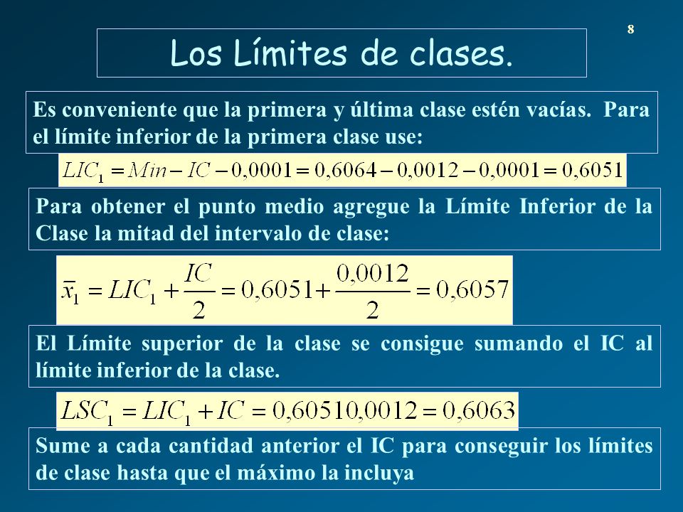 8 Los Límites de clases. Es conveniente que la primera y última clase estén vacías. Para el límite inferior de la primera clase use: