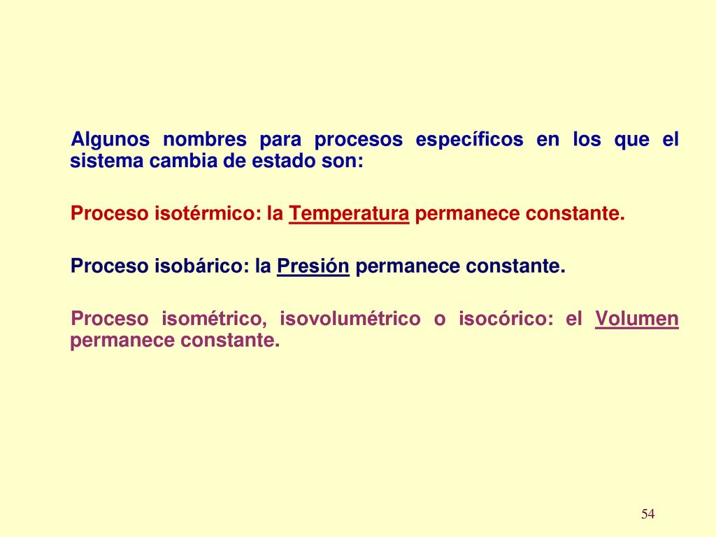 Algunos nombres para procesos específicos en los que el sistema cambia de estado son: