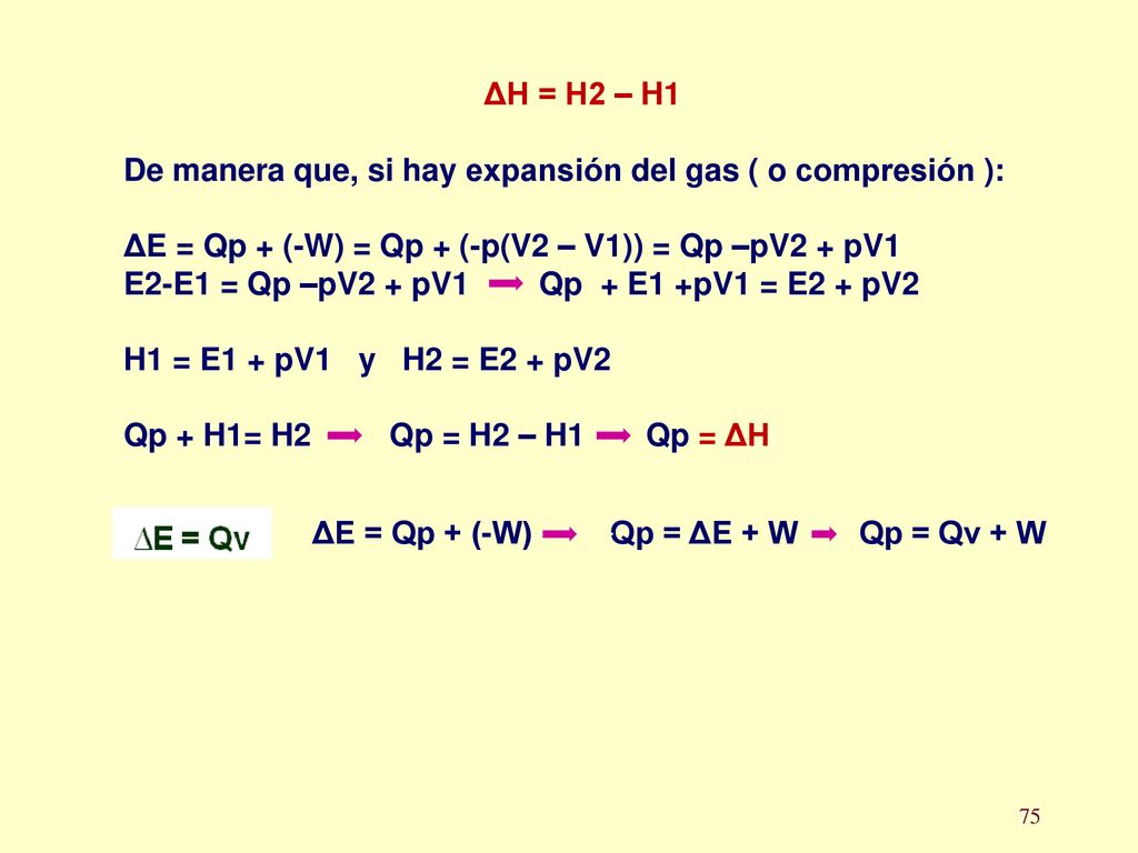 ΔH = H2 – H1 De manera que, si hay expansión del gas ( o compresión ): ΔE = Qp + (-W) = Qp + (-p(V2 – V1)) = Qp –pV2 + pV1.