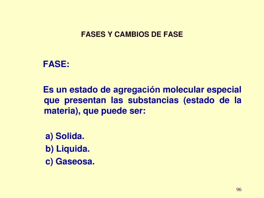 FASES Y CAMBIOS DE FASE FASE: Es un estado de agregación molecular especial que presentan las substancias (estado de la materia), que puede ser: