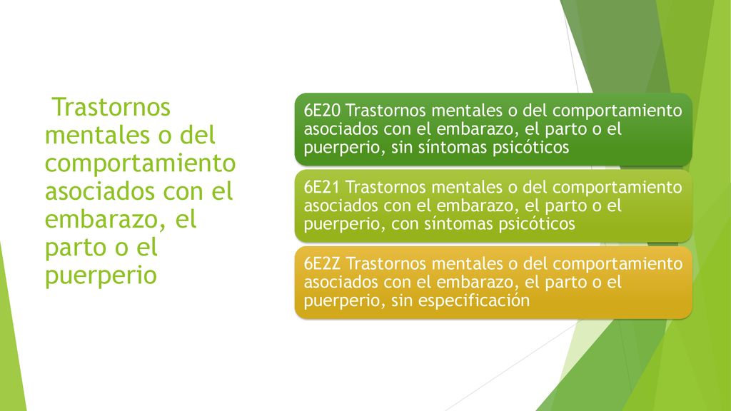 6E20 Trastornos mentales o del comportamiento asociados con el embarazo, el parto o el puerperio, sin síntomas psicóticos