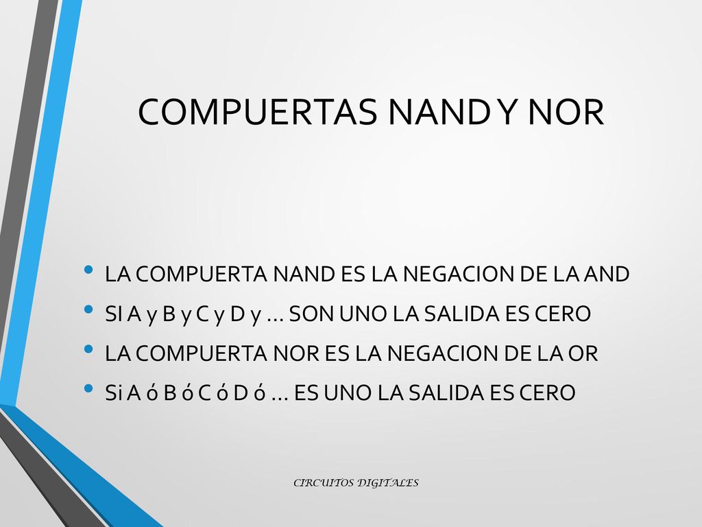 COMPUERTAS NAND Y NOR LA COMPUERTA NAND ES LA NEGACION DE LA AND