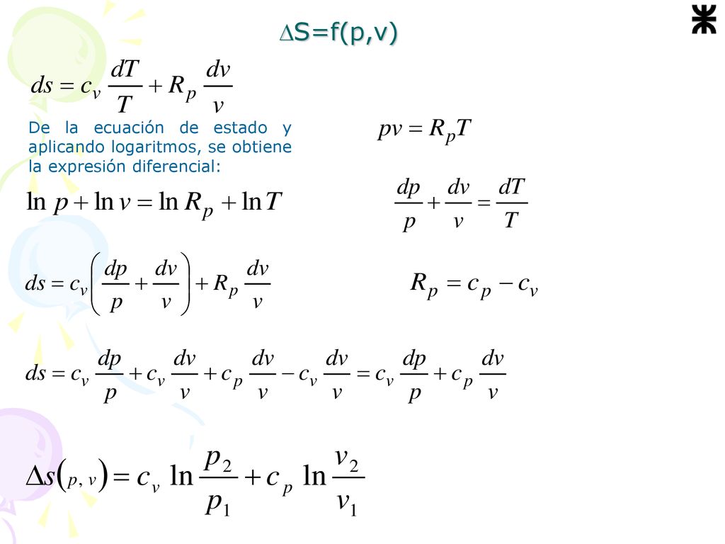 S=f(p,v) De la ecuación de estado y aplicando logaritmos, se obtiene la expresión diferencial: