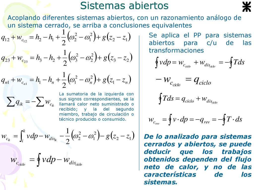Sistemas abiertos Acoplando diferentes sistemas abiertos, con un razonamiento análogo de un sistema cerrado, se arriba a conclusiones equivalentes.