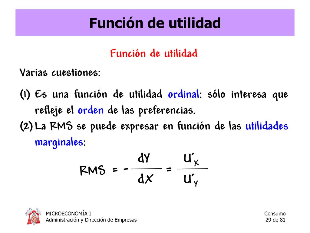 Función de utilidad dY U’X RMS = - = dX U’Y Función de utilidad