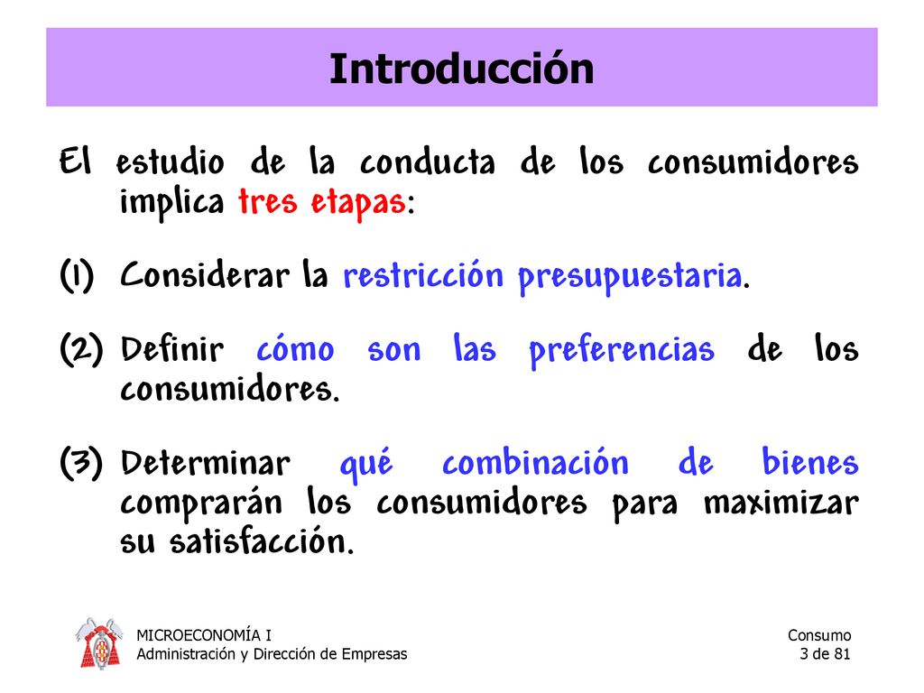 Introducción El estudio de la conducta de los consumidores implica tres etapas: Considerar la restricción presupuestaria.