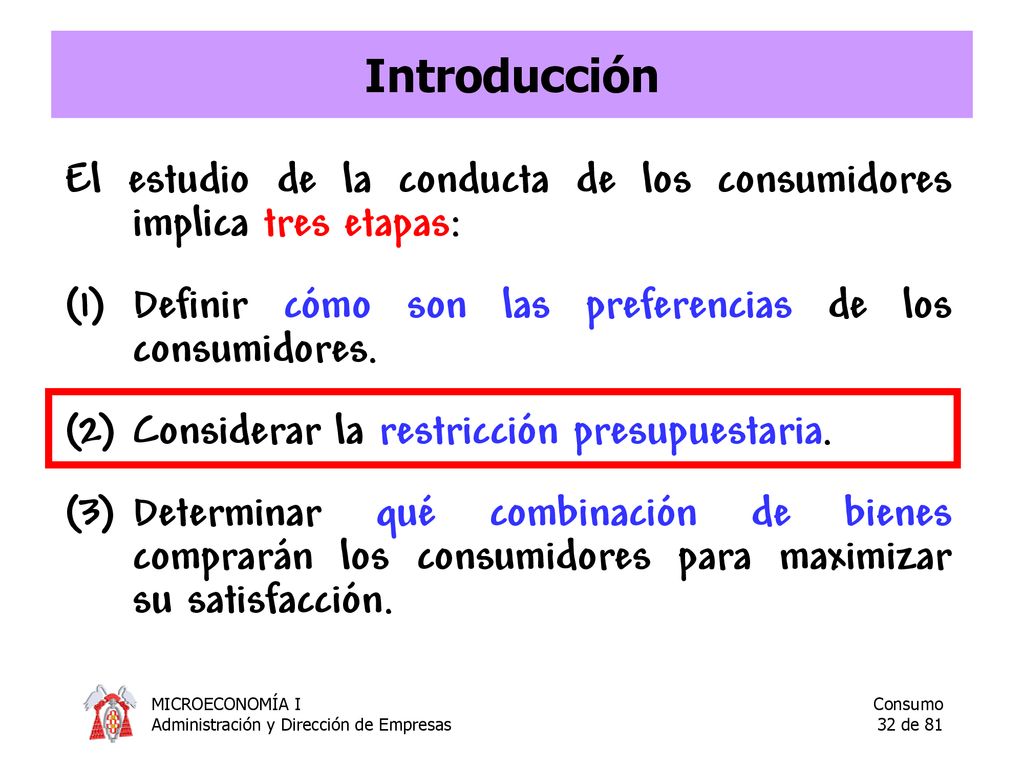 Introducción El estudio de la conducta de los consumidores implica tres etapas: Definir cómo son las preferencias de los consumidores.