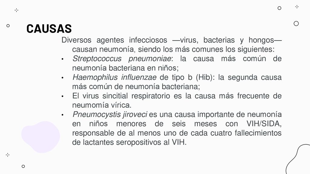 CAUSAS Diversos agentes infecciosos —virus, bacterias y hongos— causan neumonía, siendo los más comunes los siguientes: