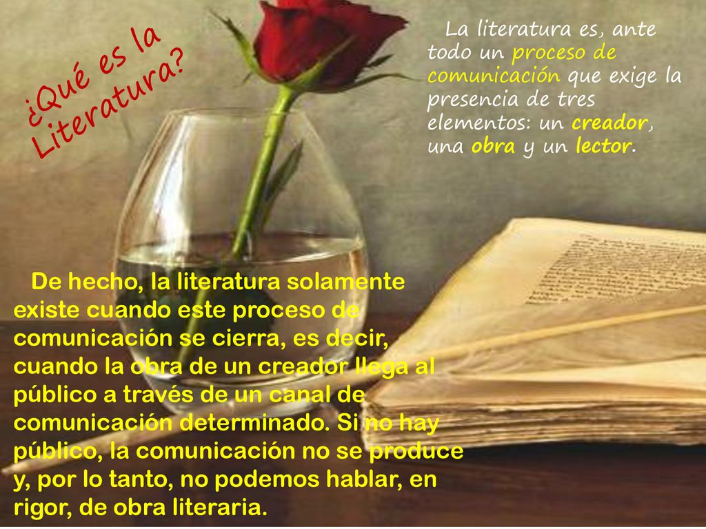 La literatura es, ante todo un proceso de comunicación que exige la presencia de tres elementos: un creador, una obra y un lector.