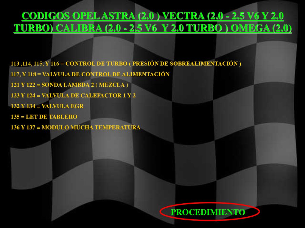 CODIGOS OPEL ASTRA (2. 0 ) VECTRA ( V6 Y 2