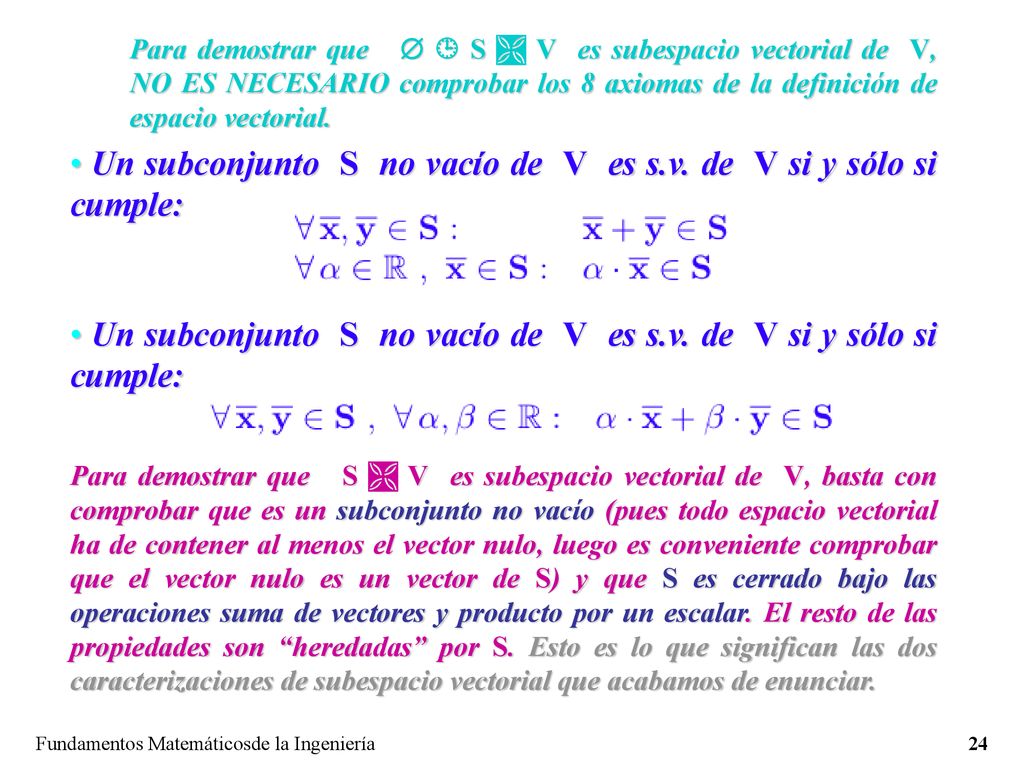 Un subconjunto S no vacío de V es s.v. de V si y sólo si cumple: